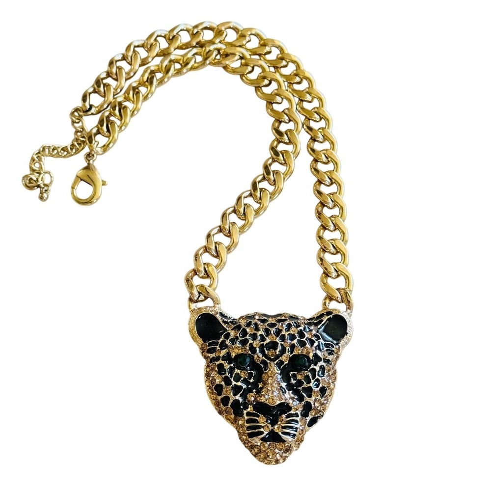 Leopard Chunky Y2K Necklace Jeweled Rhinestone Statement Bold Curved chain 22"